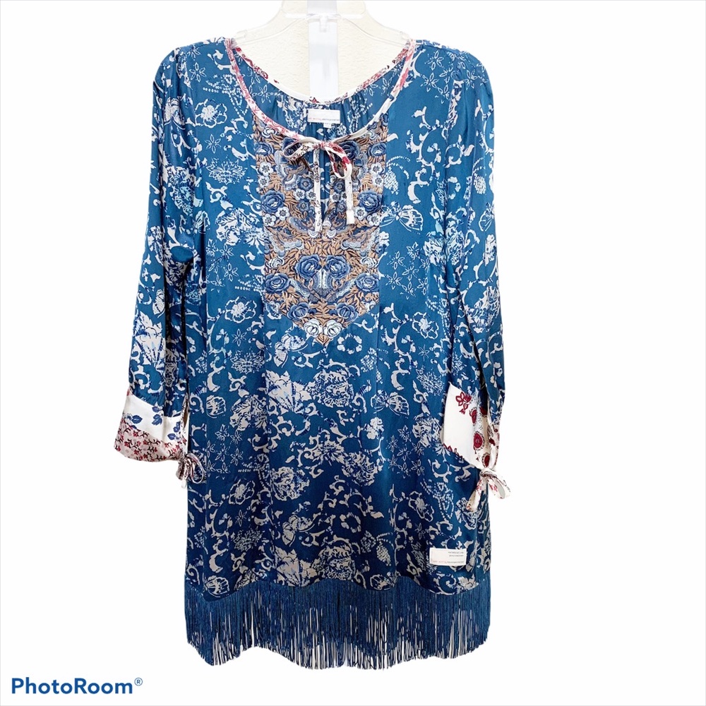 Odd Molly Silk Embroidered Blue Floral Yoke Tunic